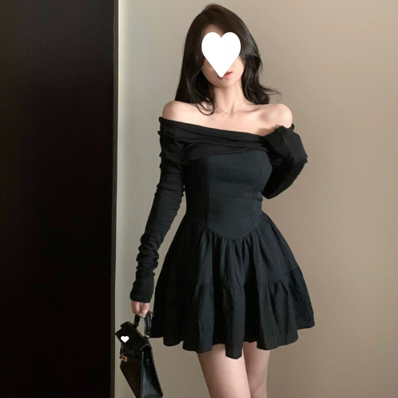 Pure desire Spice Girl one-word shoulder long-sleeved dress women's autumn high-end temperament tutu skirt waist small short skirt