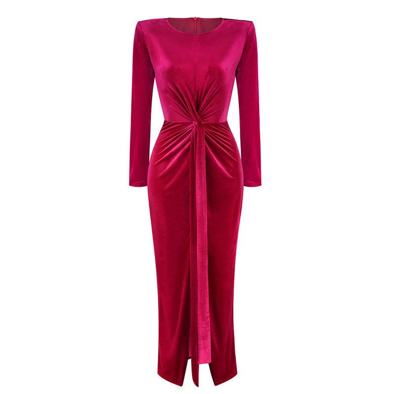 Amazon cross-border women's clothing crew neck velvet dress women's tight-fitting split evening dress dress long high waist and thin