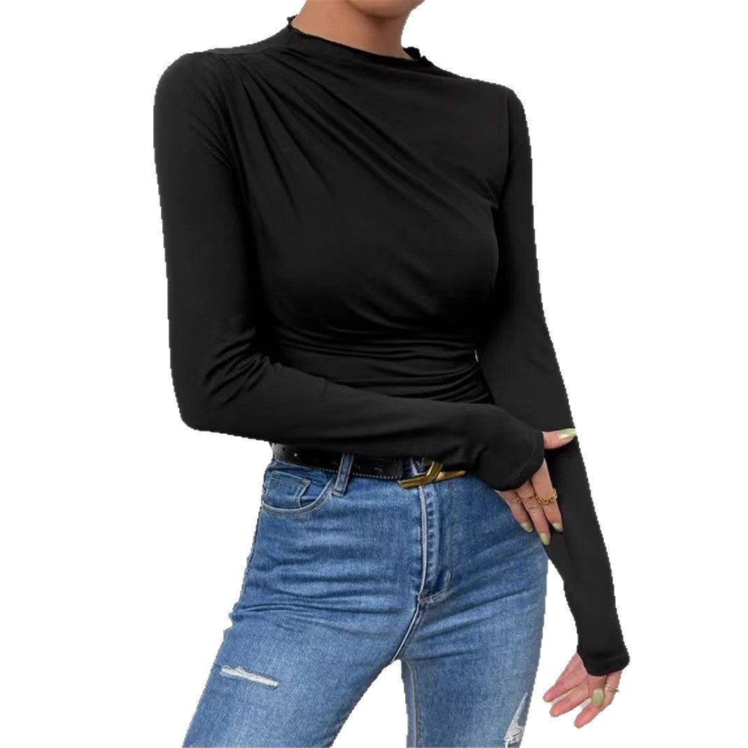 2025 Amazon Europe and the United States cross-border Spice Girls new design sense pleated versatile long-sleeved T-shirt slim women's solid color