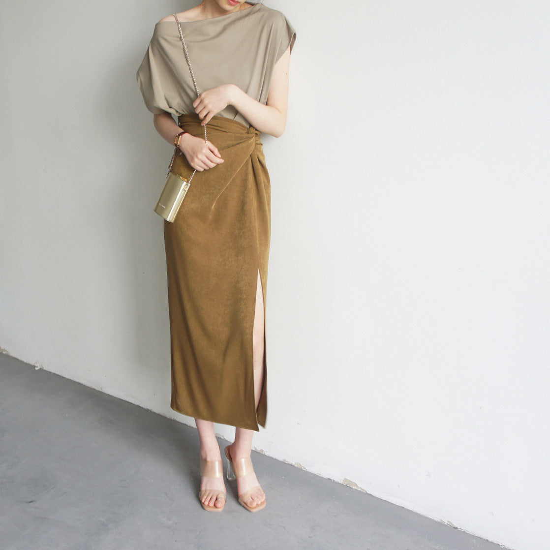 JOJOZ mustard matte texture cross design high waist side slit knee skirt temperament fashionable women's bottoms