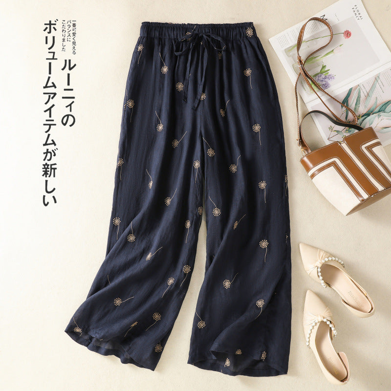 Summer 2025 new cotton and linen retro small polka dot printing wide-leg pants elastic waist casual nine-point straight-leg pants women