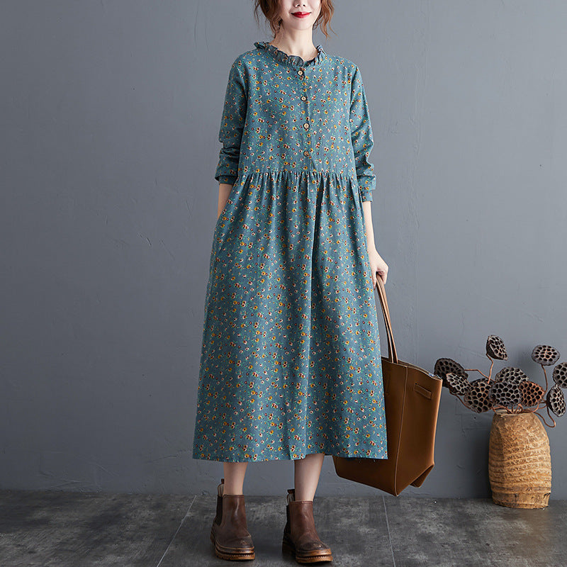Real shot 2024 autumn new retro literary cotton and linen loose large size floral long-sleeved dress women