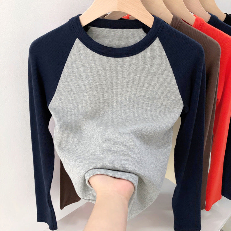 甄选优棉高弹螺纹2026秋冬装新款复古撞色插肩高腰长袖T恤女上衣