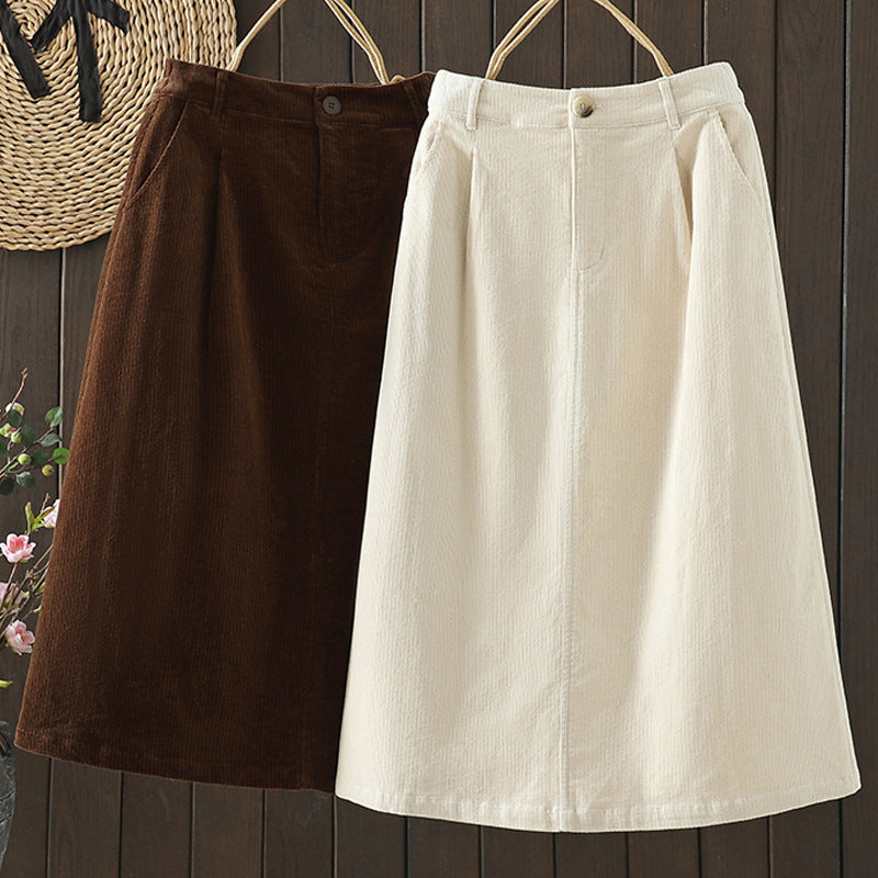 Coffee retro corduroy skirt women's 2025 autumn and winter texture loose a-word skirt elastic waist