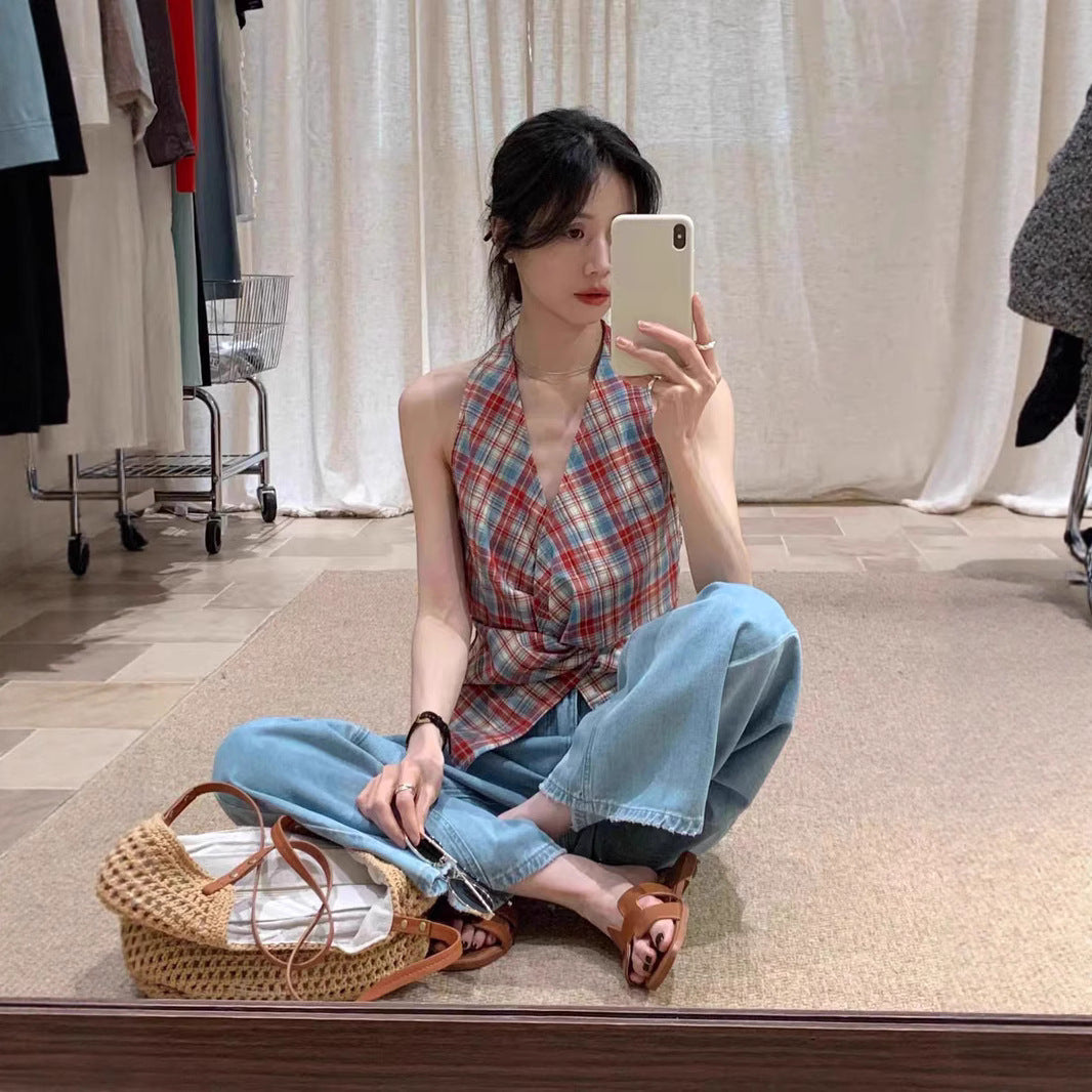 Korean plaid kink sleeveless halterneck vest women's 2025 summer new versatile V-neck waist top