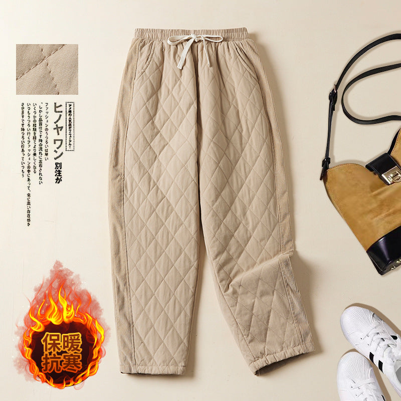 Real shot 2025 winter new retro rhombus padded cotton elastic waist warm Harlan pants casual thickened cotton pants women