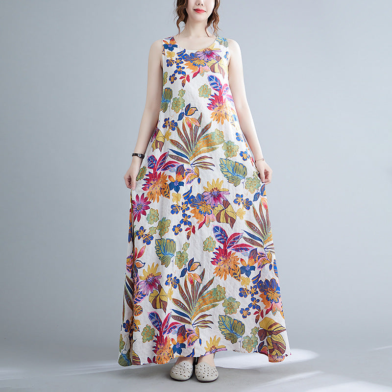 Real shot 2025 summer new literary loose printing sleeveless cotton and linen dress women's vest suspender skirt 9608 #