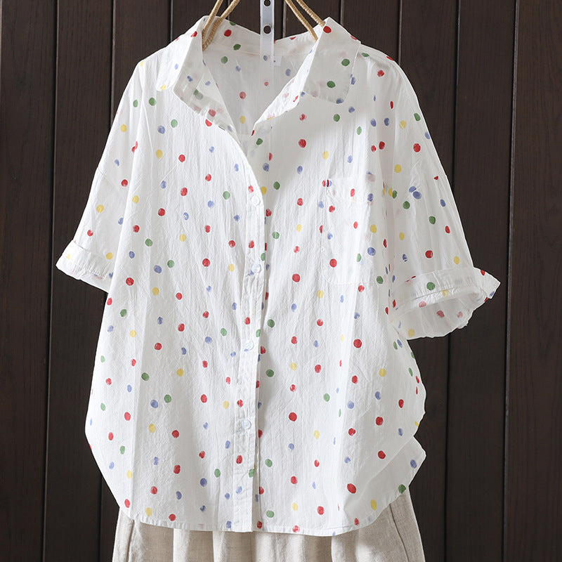 Real shot 2024 summer new literary and retro loose and thin printing casual age-reducing short-sleeved shirt top women