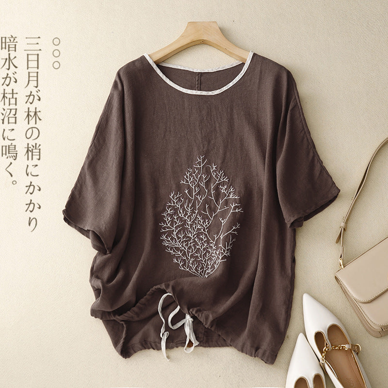 Real shot 2025 summer new literary loose embroidery flower cotton and linen round neck short-sleeved T-shirt women's drawstring top #9380