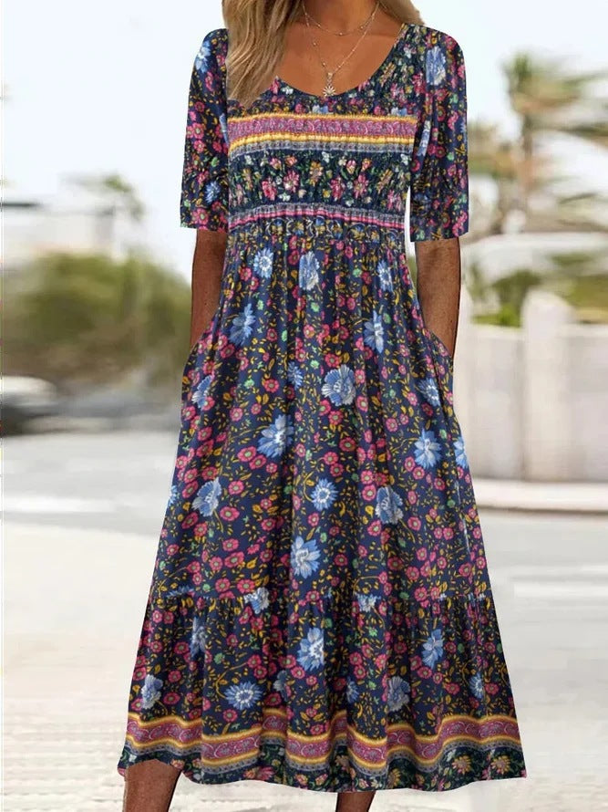2025 Europe, America, Amazon summer new women's round neck short-sleeved long dress bohemian print dress women