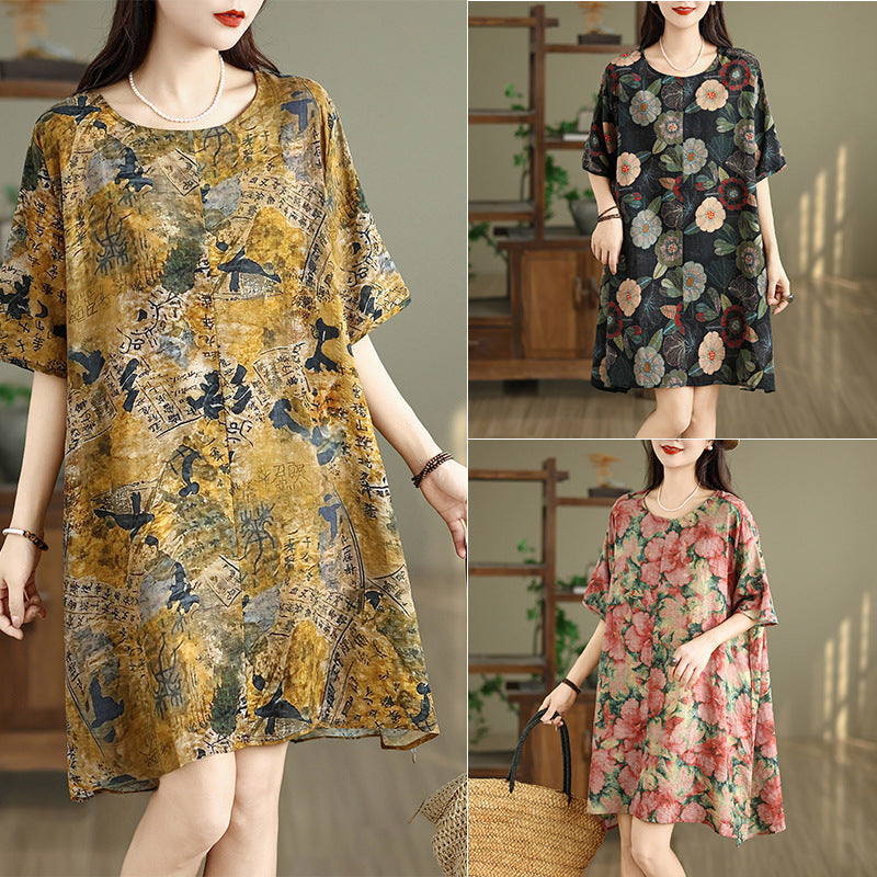 2025 summer thin round neck pullover dress women's loose large size retro literary floral A version medium skirt