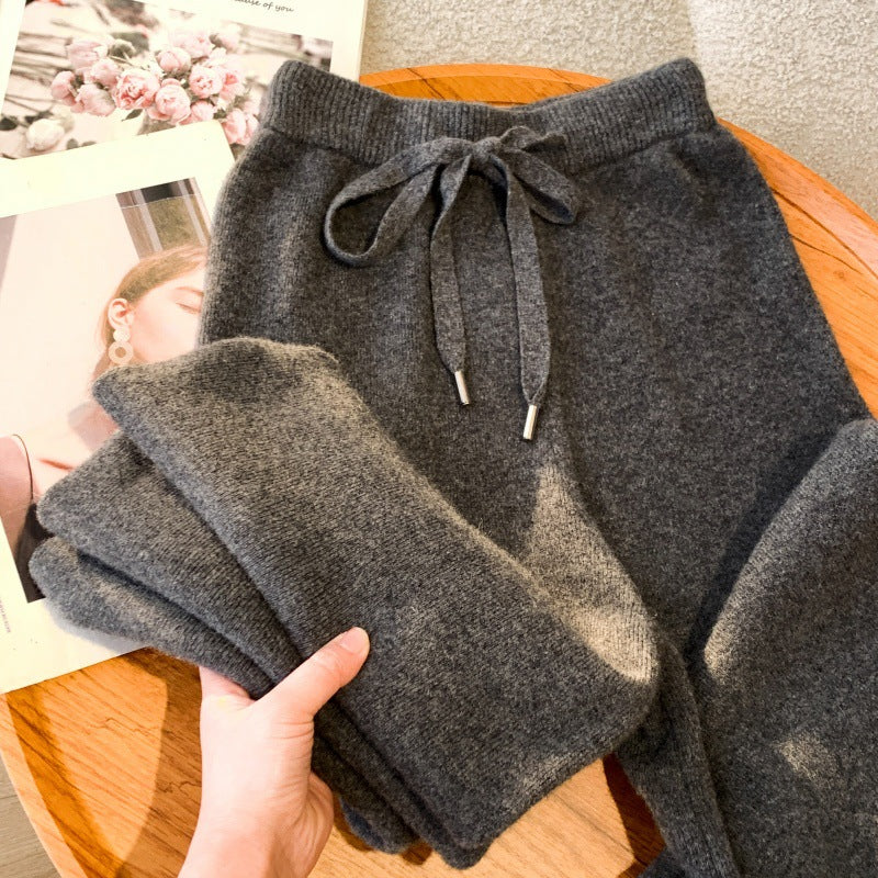 Thickened soft waxy texture 100% wool knitted wide-leg pants women's autumn and winter wear straight cashmere casual drape trousers