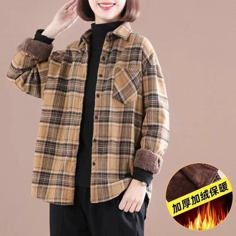 Foreign trade women's clothing 2025 autumn and winter new cotton and linen piled thickened plaid shirt jacket