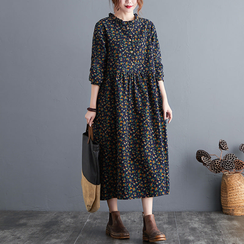 Real shot 2024 autumn new retro literary cotton and linen loose large size floral long-sleeved dress women