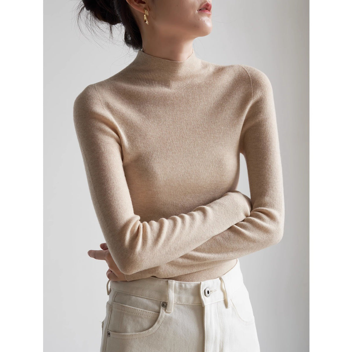 SHALLOW STREAMS autumn and winter seamless one-piece dark gray semi-turtleneck wool knitted sweater women's bottoming shirt top