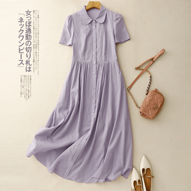 Real shot 2025 summer new cotton and linen literary loose casual large size doll collar dress women's clothing
