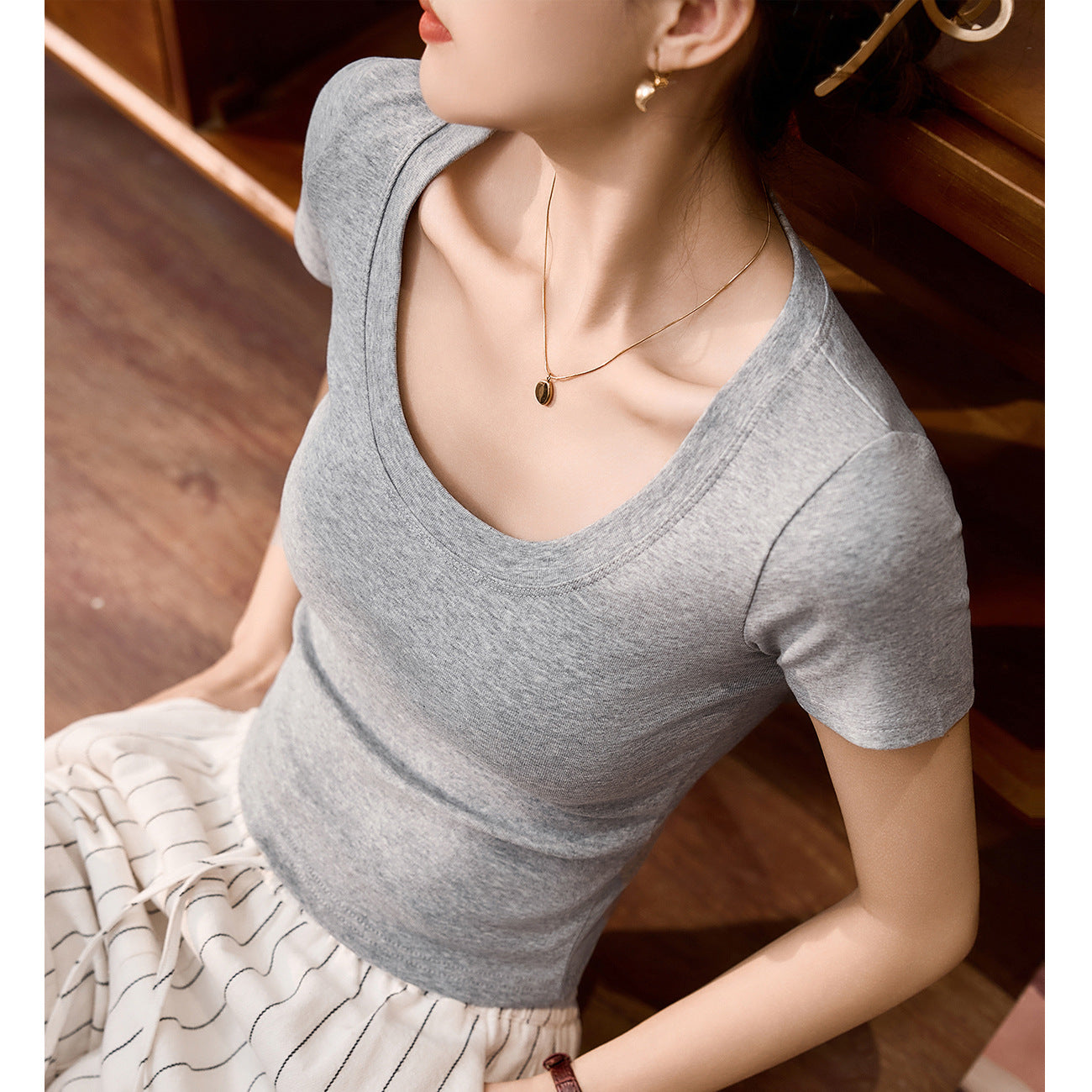 #Combed pure cotton #High waist short T-shirt women's summer 2026 new slim and thin versatile top short-sleeved bottoming shirt