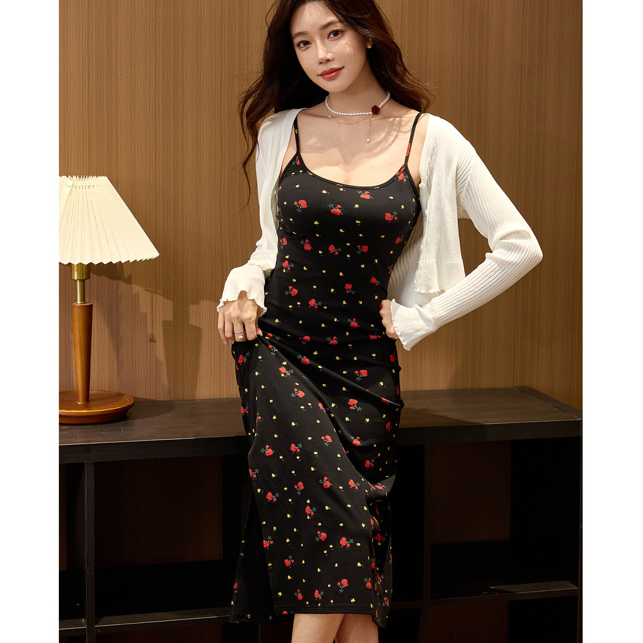#260G combed pure cotton #rose print U-neck suspender dress women's summer 2026 new slit sexy long dress