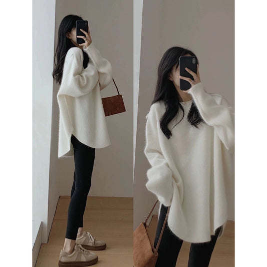 [Jomi] Raccoon fleece sweater women's wear autumn and winter thickened Japanese lazy top medium and long split knitted sweater
