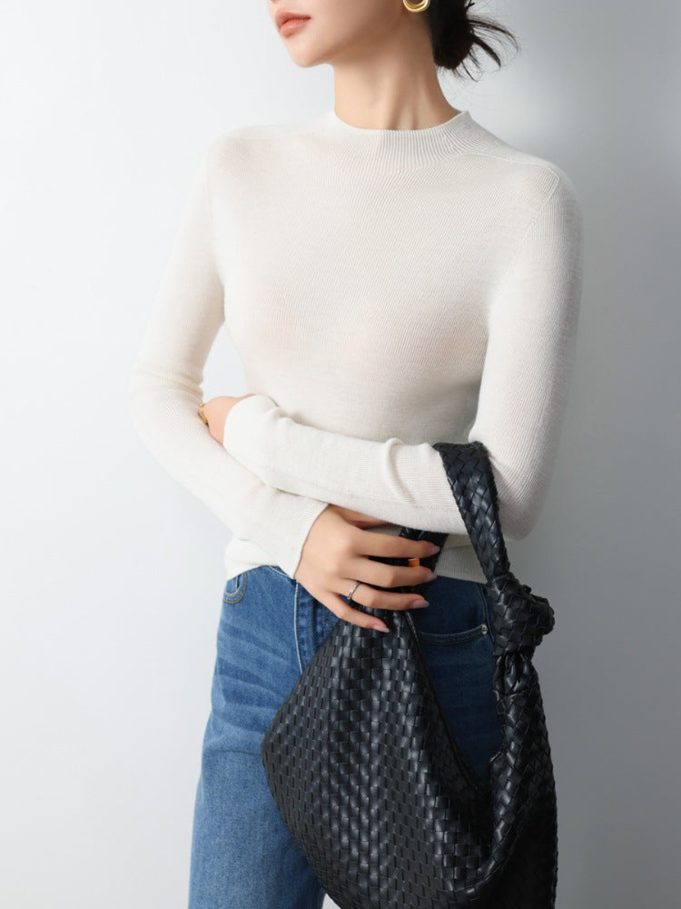 Machine washable! Grey Yangtze yarn worsted 100% wool bottoming shirt women's semi-turtleneck autumn and winter tight knit sweater