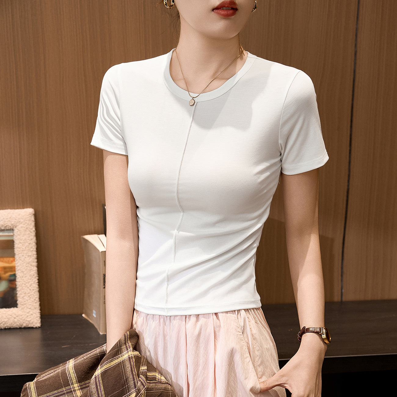 #Tencel Lyocell cotton, Zhen quality #bright line design T-shirt women's short-sleeved tight-fitting inner round neck top
