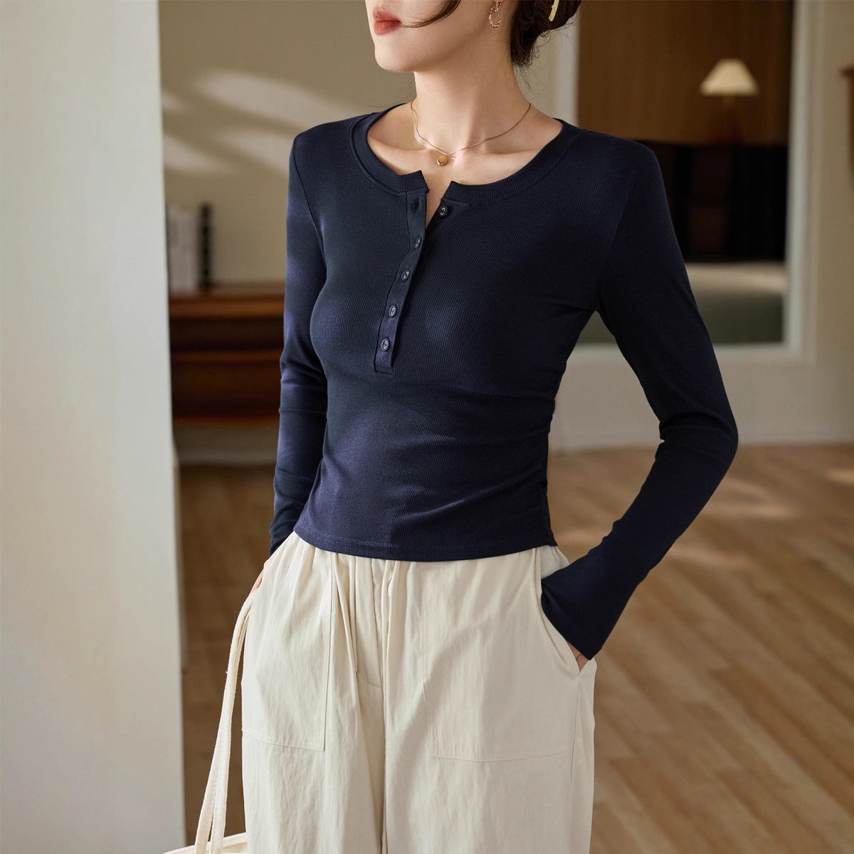 #Ingenuity screening product #Waist pleated Maillard chic cloth button-up long-sleeved T-shirt femininity pure cotton bottoming shirt