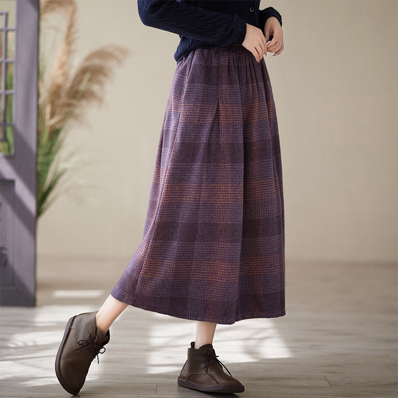 Real shot 2024 autumn new literary loose plaid elastic waist skirt women's medium and long A-shaped skirt #3730