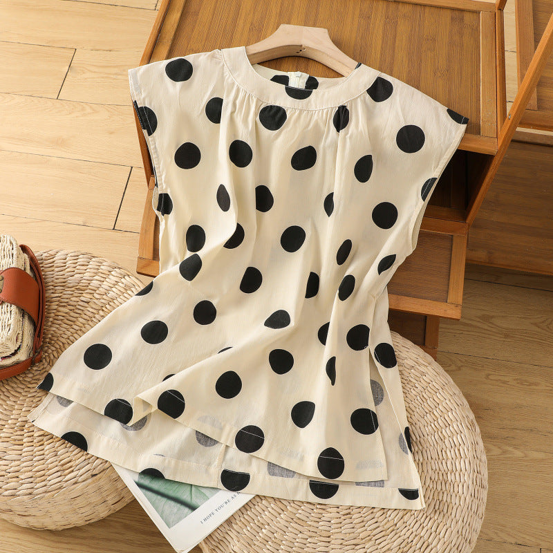 Summer 2025 New Polka Dot Printed Cotton and Linen Top Women's Back Invisible Zipper Split Shirt T-Shirt Women's
