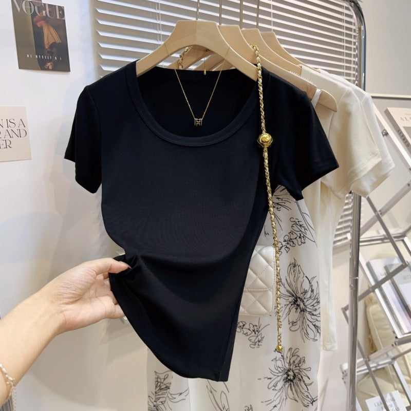 Water Drop U-Neck Summer Dopamine Wear Front Shoulder Ice Silk Short Sleeve T-Shirt Spice Girl Niche Threaded Bottom Shirt Top