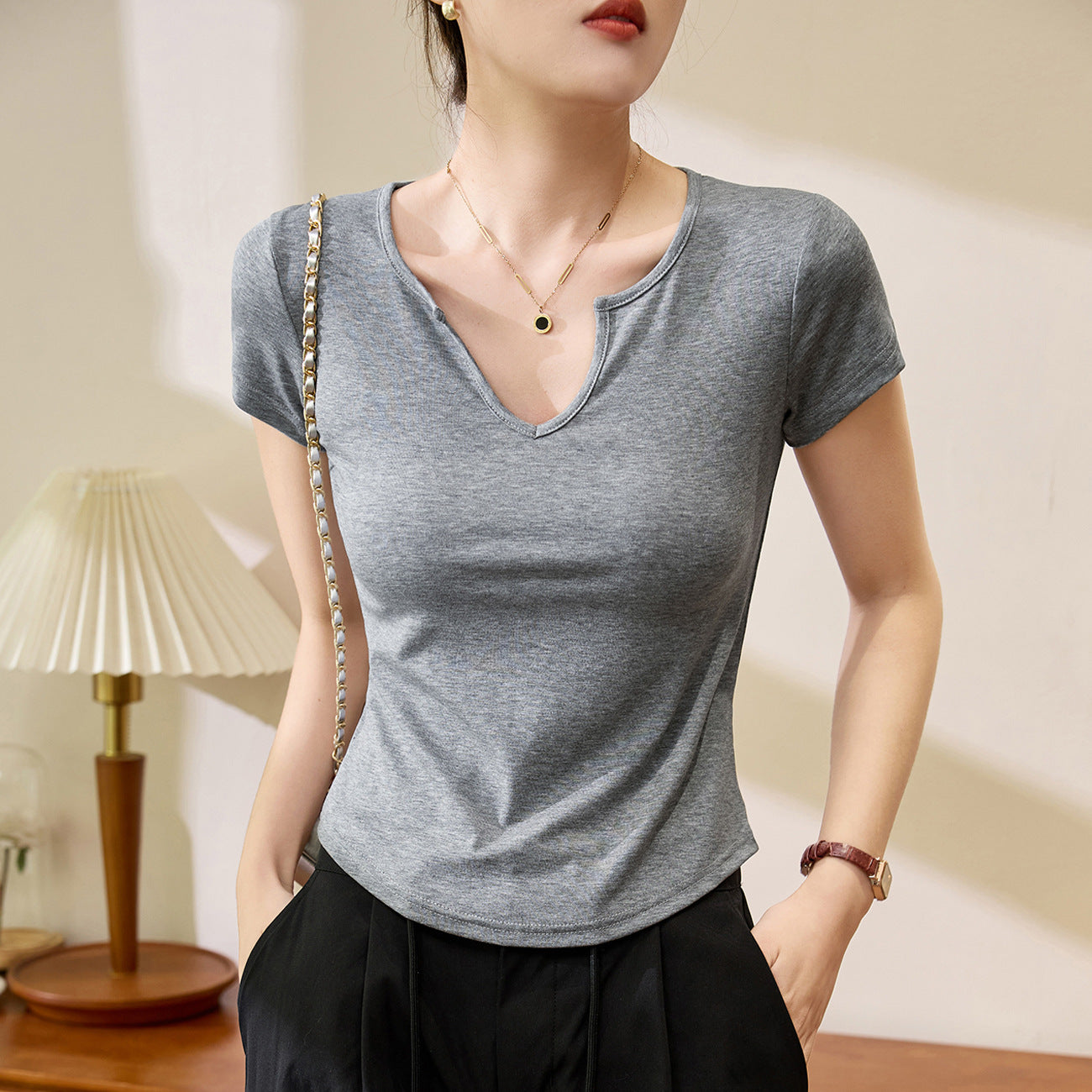 #Tencel lyocell cotton #French high-end V-neck t-shirt women's summer new curved slim-fitting high-waisted thin bottoming shirt