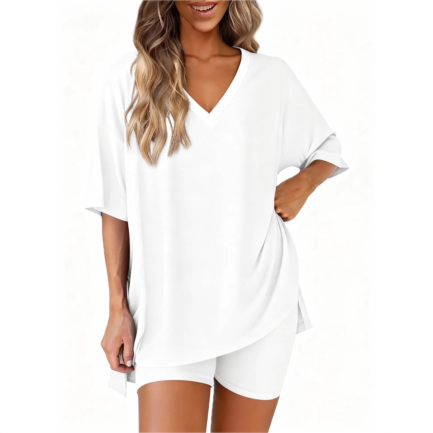 2026 spring and summer new cross-border European and American foreign trade fashion casual V-neck solid color loose short-sleeved suit