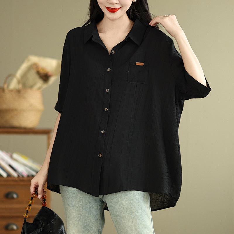 Real shot 2025 summer new literary loose solid color lapel short-sleeved shirt women's shirt top #5969