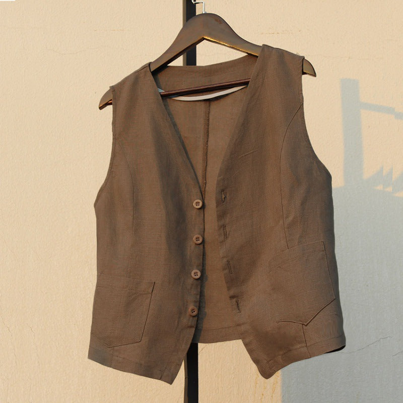 In the summer of 2025, the new literary and loose solid color cotton and linen V-neck vest, vest, women's jacket, vest top #6182