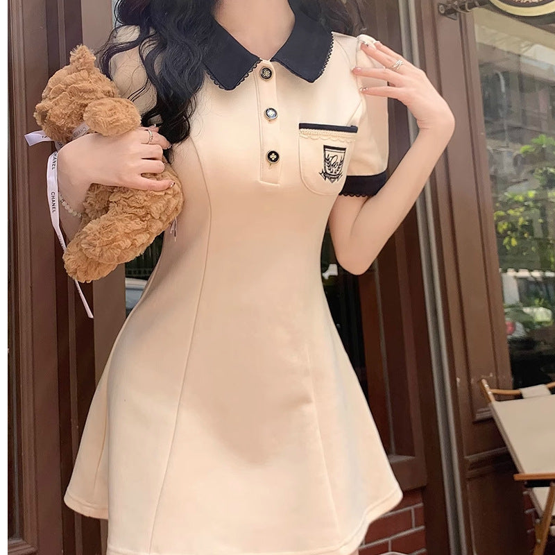 College style sweet polo dress summer women's small skirt waist slim slim black temperament skirt