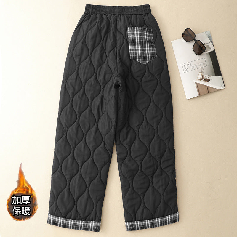 American retro plaid wide-leg pants women's 2025 winter new splicing thickened casual loose straight cotton pants outer wear