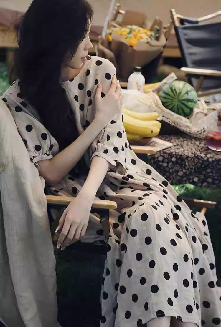 Summer 2024 new literary loose cotton and linen polka dot round neck five-quarter sleeve dress women's medium and long #9920 #