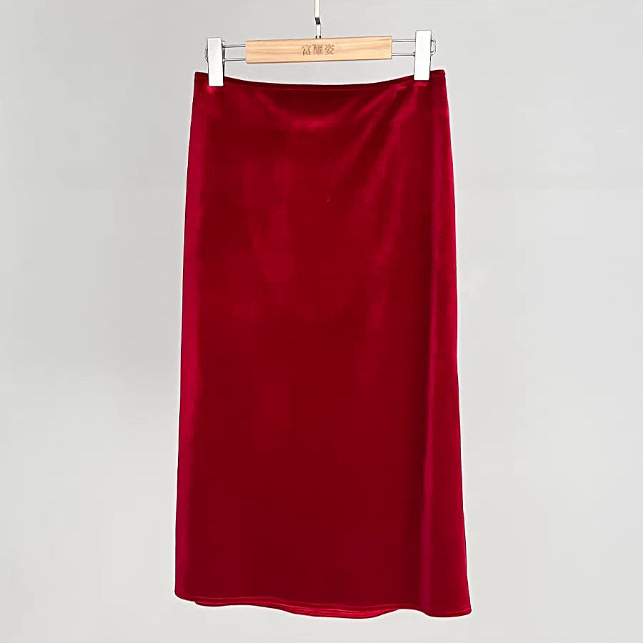 Red velvet skirt high waist A-word short skirt medium and long skirt 25 Winter, new New Year's red solid color commuting elastic waist