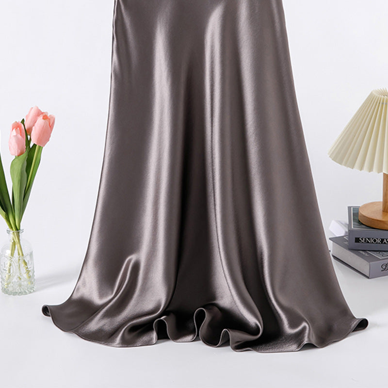 Haute couture new acetic acid satin suspender skirt U-neck long skirt gentle wind high sense acetic acid satin dress