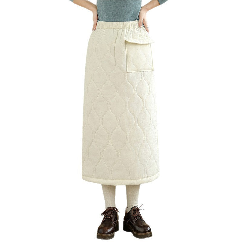 Down cotton skirt women's winter 2025 thickened warm medium and long cotton-padded hip skirt with split ends and one step straight