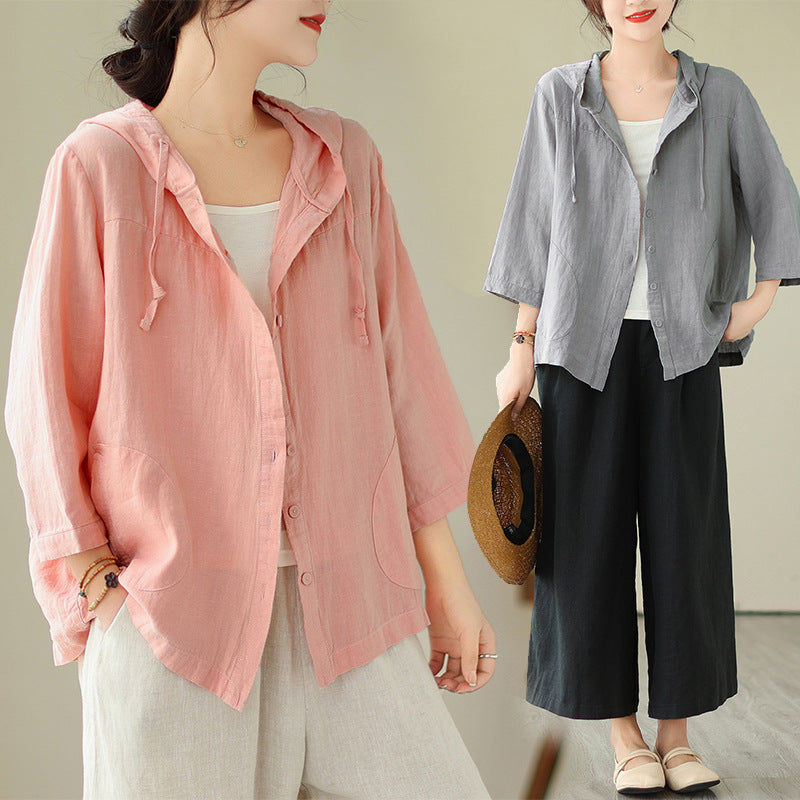 Real shot 2025 spring new literary loose solid color hooded nine-quarter sleeve shirt women's shirt top #9338