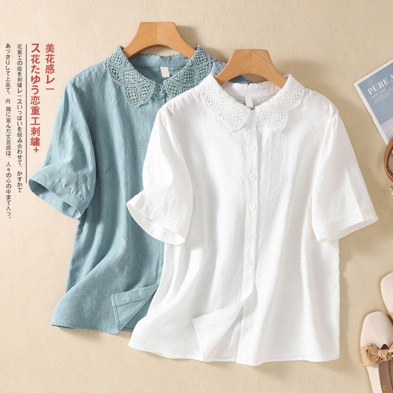 Real shot 2025 summer new literary loose solid color cotton and linen jacquard short-sleeved shirt blouse top #6616 #