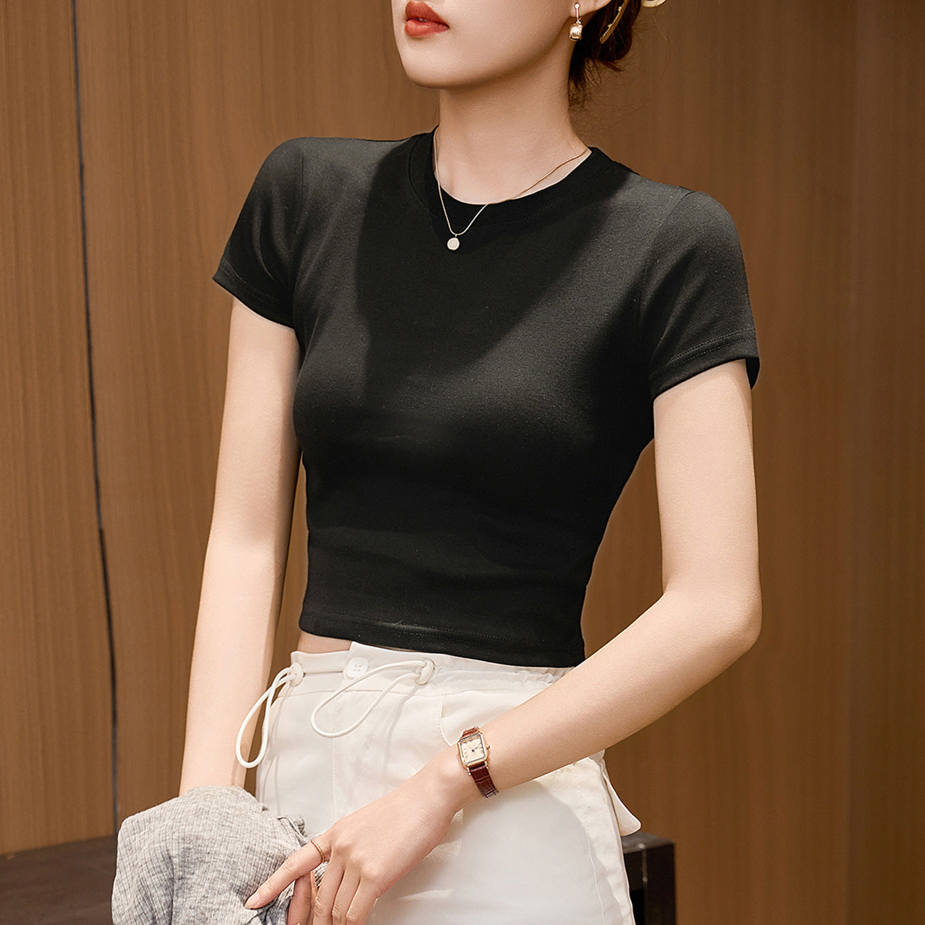 #Combed pure cotton #High waist short T-shirt women's summer 2026 new slim and thin small versatile short-sleeved top