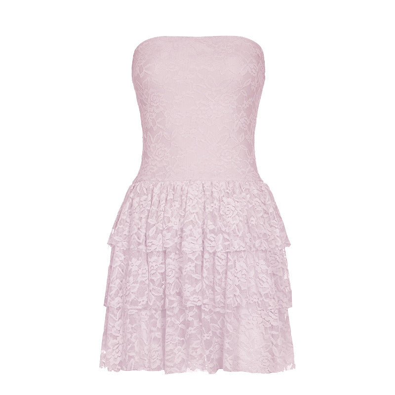 French romantic sexy lace one-word shoulder tube top dress niche design light and thin waist short cake dress