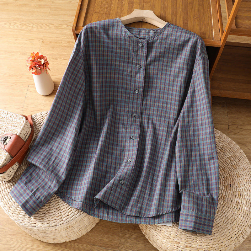 Real shot 2025 autumn new literary plaid long-sleeved cotton and linen plaid round neck shirt jacket women's shirt