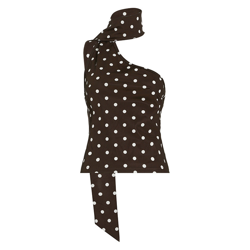 Spice girl sexy leopard print scarf ruffle edge sling vest vacation style low cut backless versatile top