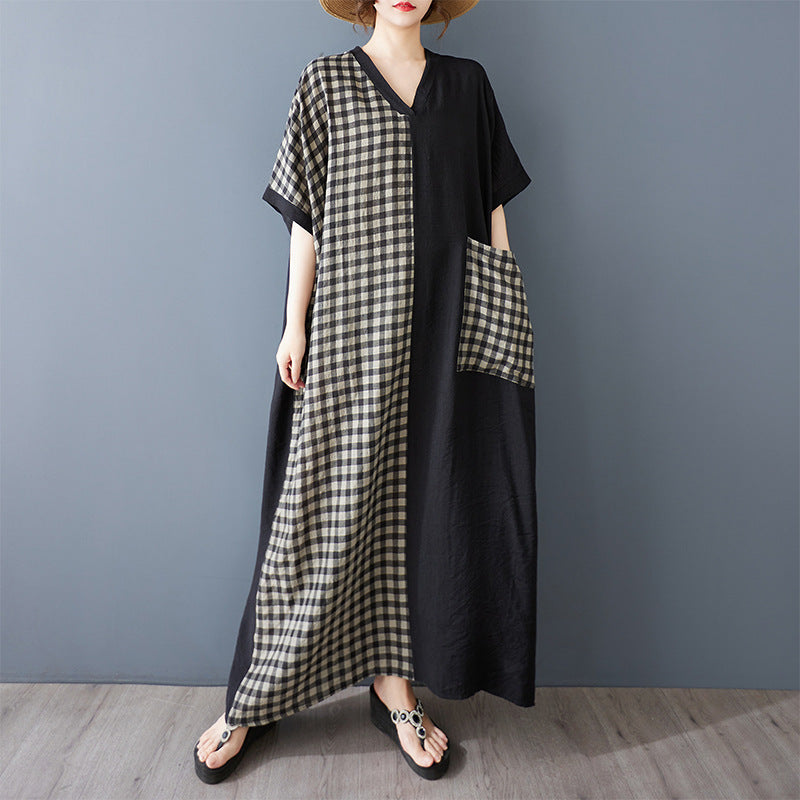 Real shot 2025 summer thin cotton and linen printing thin V-neck short-sleeved contrasting color splicing black long dress length 133