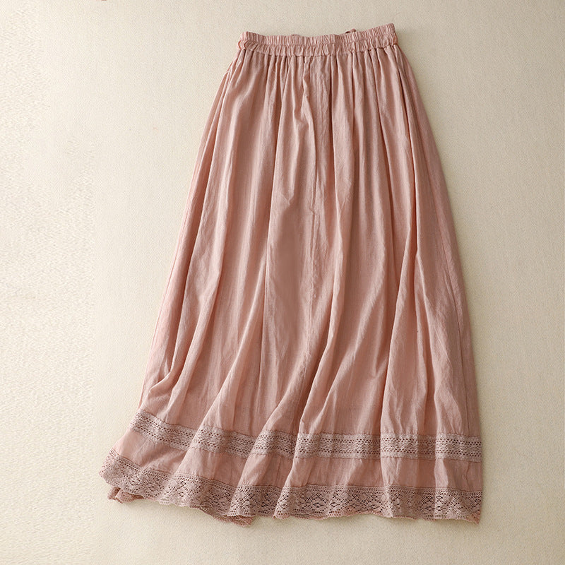Real shot 2025 summer new literary loose splicing lace elastic waist skirt women's medium and long #791