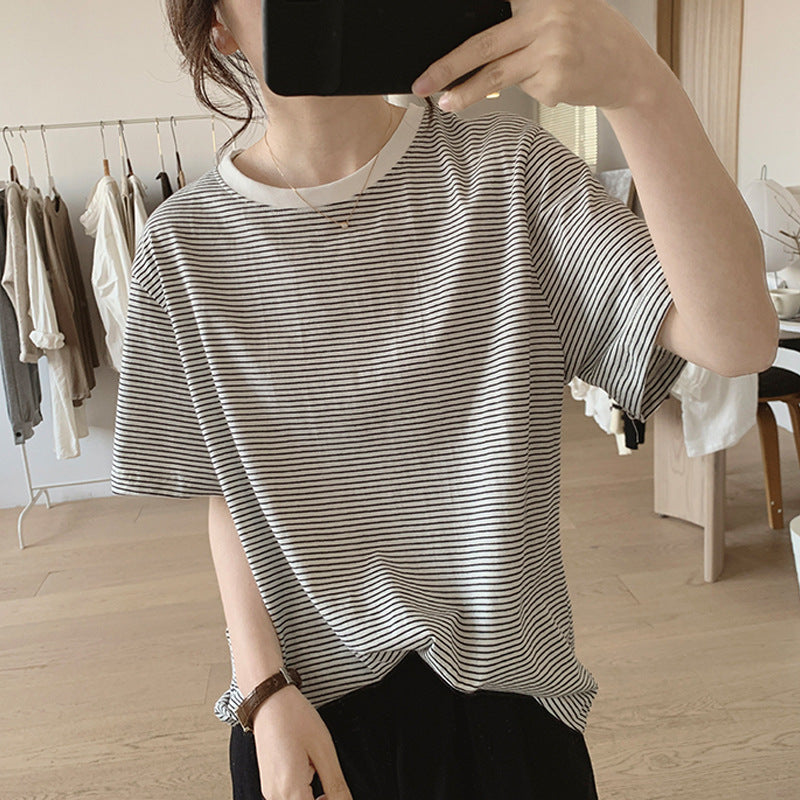 Bag collar sticker 260g pure cotton striped T-shirt women's 2026 summer new loose and thin versatile short-sleeved T-shirt top