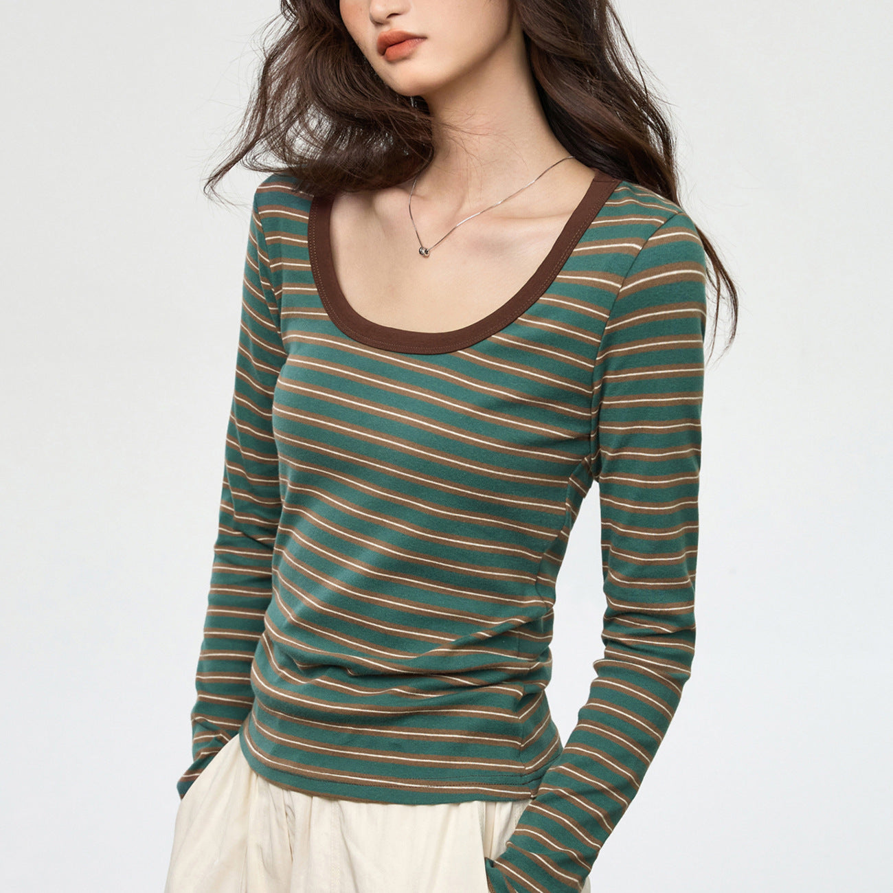 #甄选纯棉#撞色条纹打底衫女内搭2026新款洋气大圆领长袖T恤上衣