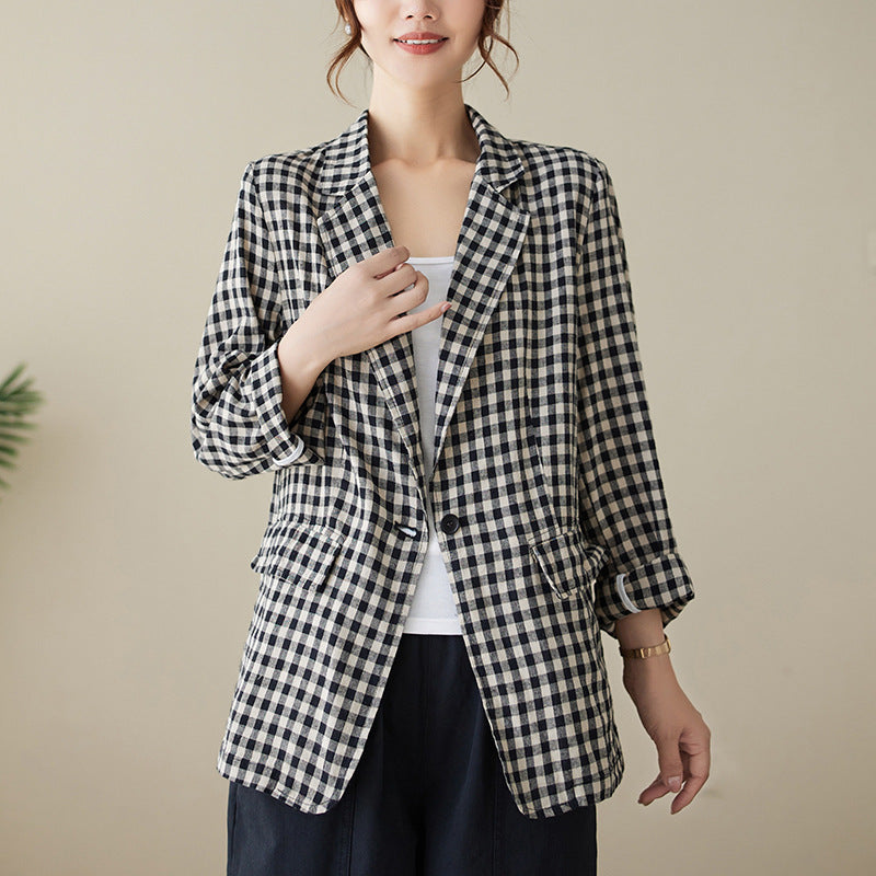 Real shot 2025 autumn literary and retro cotton and linen plaid jacket women's thin casual suit short top